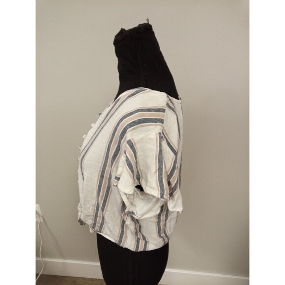 Juniors Sim and Sam Button Down Striped Tie Waist Crop Top Size Large - Picture 2 of 6
